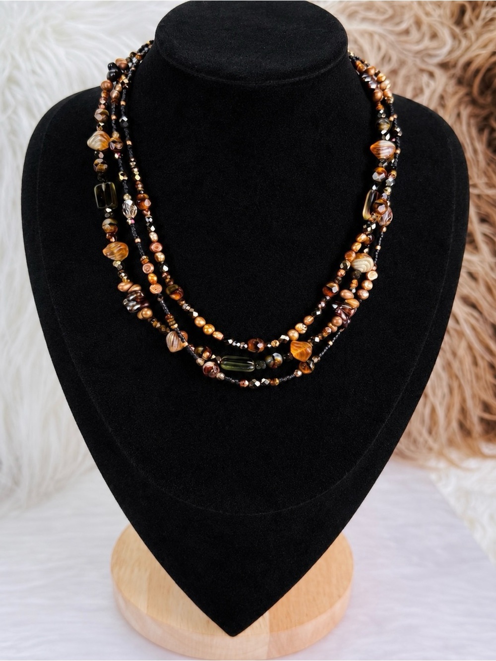 Multi Strand Beaded Necklace Brown Gold Black Artisan Boho Layered Statement